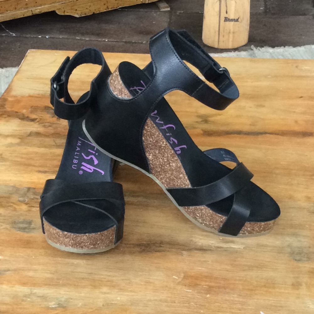 Black leather ankle strap wedges